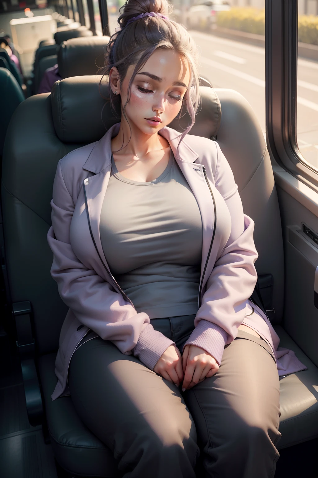 nsfw, nude sexy woman, 1 beautiful woman, large body, hair tied in a bun, eyelids made up, gray shirt, jacket over the shirt, lilac jacket, neckline, black pants, slippers, sleeping sitting on the bus, mouth open, eyes closed