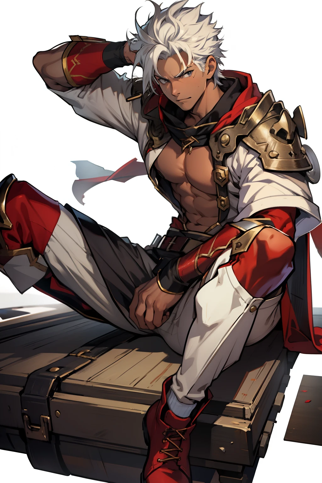 Highest image quality,male people,,1 boy,Young and handsome,shoun,White color hair,Short flat top hair,Dark skin,anime big breast,anime wallpaper,Solo,malefocus,Briefs,Dilation of the pectoral muscles,Red cape,Bulging crotch,Urban background,spread their legs,Sexy,(Masterpiece, Best quality),Long white socks,Red Martin boots,