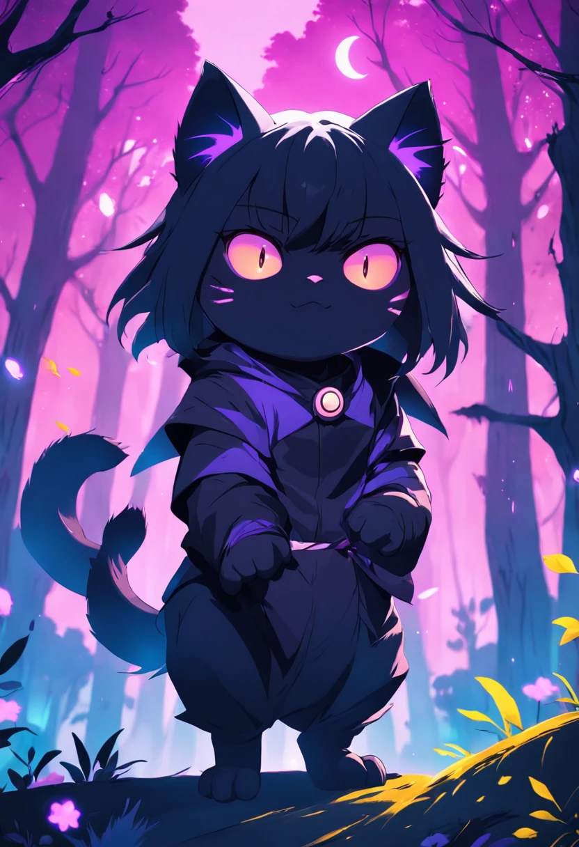 Create a vibrant dark fantasy cute ninja cat in a concise minimalist cartoon style with a beautiful forest and bright purple moon background, octane rendering, 8K --auto --s2