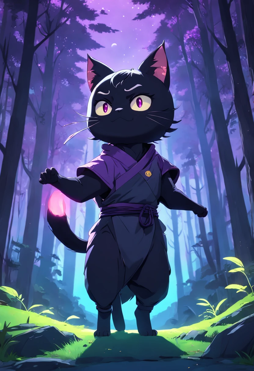 Create a vibrant dark fantasy cute ninja cat in a concise minimalist cartoon style with a beautiful forest and bright purple moon background, octane rendering, 8K --auto --s2