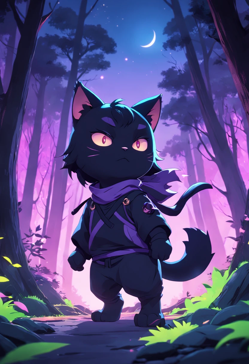 Create a vibrant dark fantasy cute ninja cat in a concise minimalist cartoon style with a beautiful forest and bright purple moon background, octane rendering, 8K --auto --s2