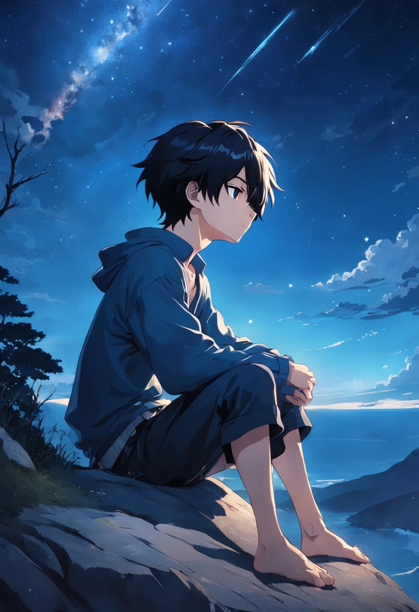 A black hair, ahoge, sleepy, sulking, anime, anime style, chiaroscuro, depth of field, motion blur, UHD, high details, high quality, Highres Side Face Close-up of boy sitting on a cliff with a clear blue starry sky in the background