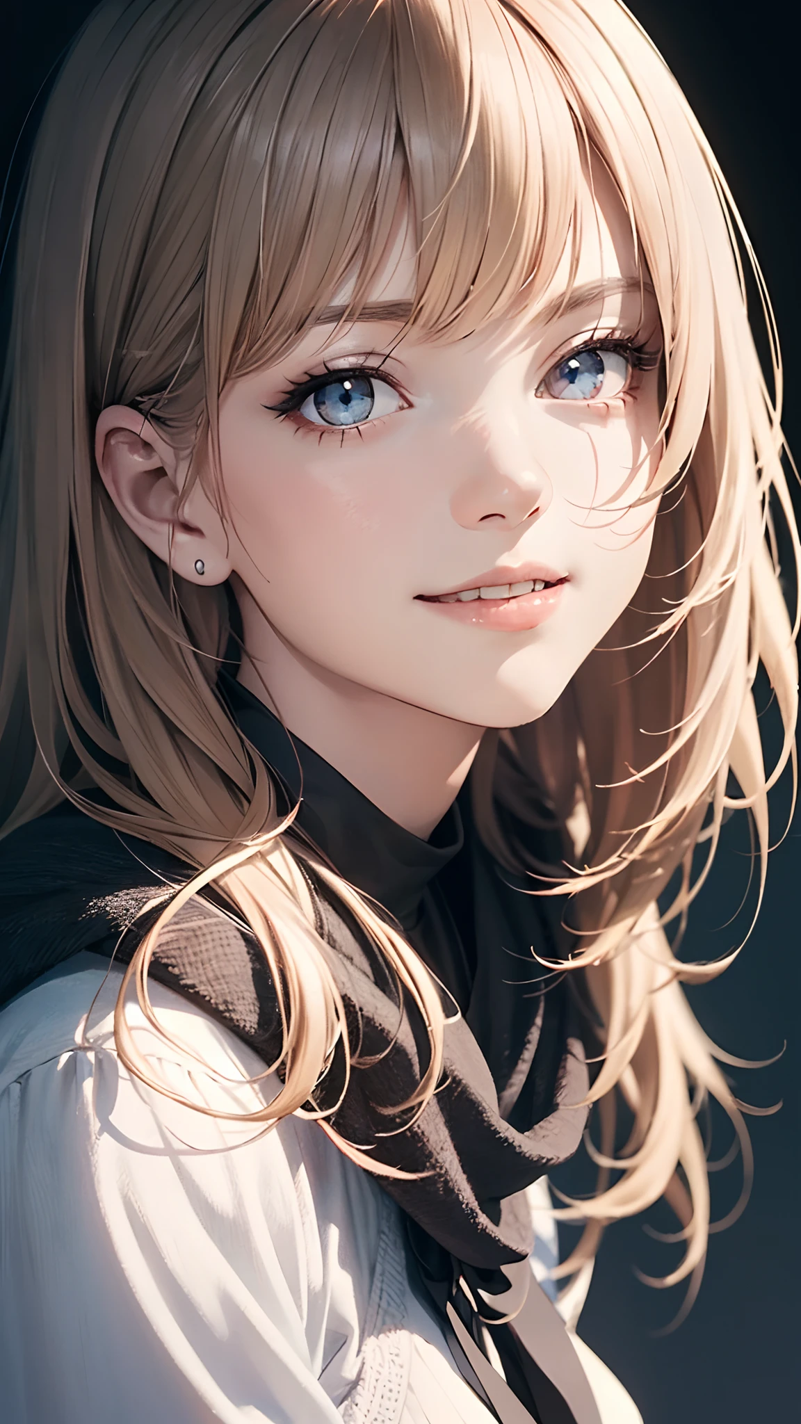 (Ultra Realistic), (Illustration), (Increased Resolution), (8K), (Extremely Detailed), (Best Illustration), (Beautiful and Detailed Eyes), (Best Quality), (Ultra Detailed), (Masterpiece ), ( wallpaper), (detailed face), solo, 1 girl, looking at viewer, fine details, detailed face, in the dark, deep shadows, low key, pureerosfaceace_v1, smiling, long hair, black shawl straight hair , 46 points oblique bangs