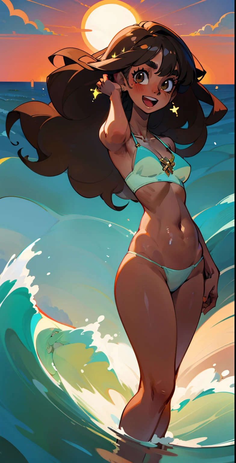 a brazilian woman, perfect anatomy, dark skin, light brown eyes, perfect, eyebrows, nose, normal ears, open mouth smiling, teeth, lips, big straight hair, hair details, bangs, locks, neck, shoulders, big chest , perfect belly, thin waist, thick legs, thick thighs, white bikini, standing, background scenery, no bad, water everywhere, water on the ground, ultra detailed water, waves, flying water, clear green water, beautiful day , clouds, sun, lighting, viewer view