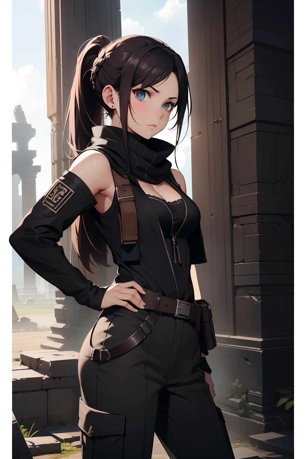 (masterpiece, best quality, 4k, photorealistic), ((close-up shot)), ((front view)), expressive eyes, perfect face, nice hands, 1 girl, earthy brown hair, large cleavage, long round legs, curvaceous body, booty, hairstyle: high ponytail with a braided section along the crown, black fitted combat jacket with hidden pockets, charcoal gray cargo pants, sleek black combat boots, fingerless black gloves, tactical belt with concealed compartments, accessories: silver studs and a black scarf, ((a background of ancient ruins or a forgotten temple could evoke a sense of adventure and mystery, highlighting the mercenary's exploratory nature)), extremely detailed Artgem, IG model, alena aenami and artgem, krenz cushart and artgem, artgem and atey ghailan