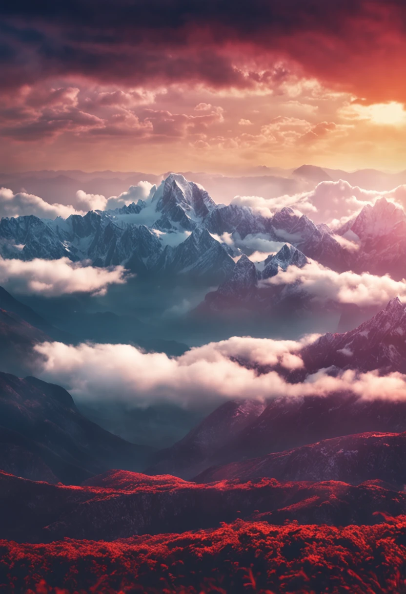 moutains、Vast sky、Clouds covered by white clouds