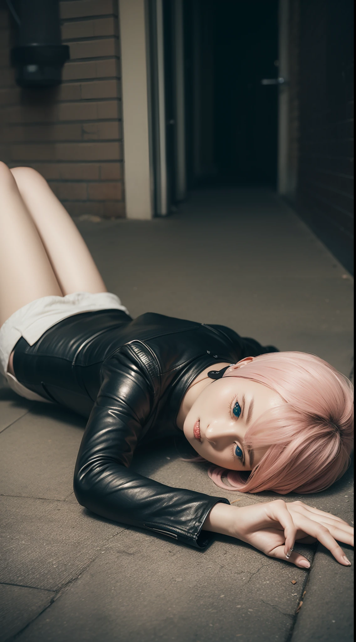 Best unified CG wallpaper，Pink-haired woman，watered eyes，The skin texture is perfectly depicted，Leather clothes，Spider-Man lying on the ground，Cinematic light，