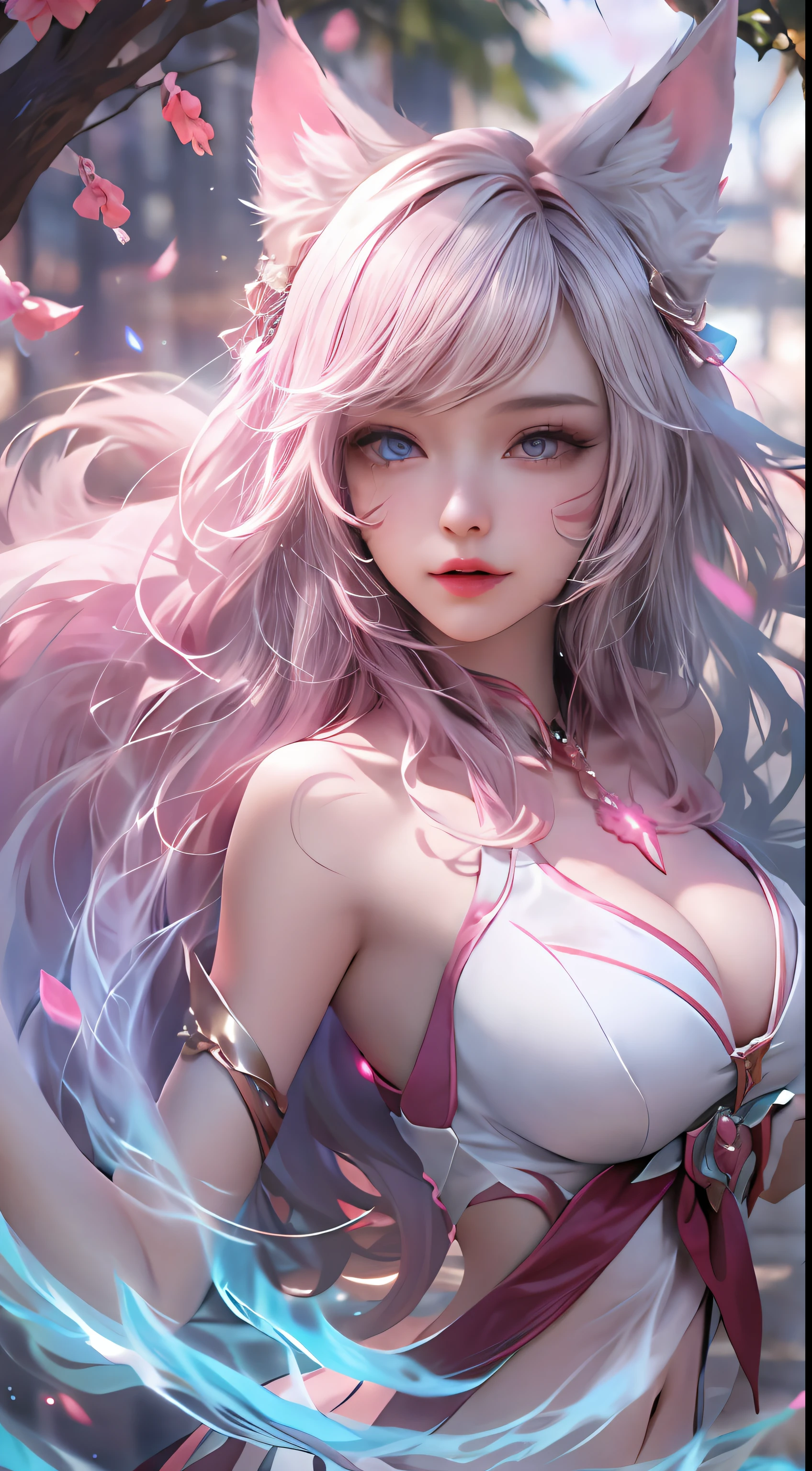 ahri,league of legend,Vastaya,kyuubi,Fox ears white hair girl,Nine-tails exposed,Raised sexy,Charming,Seductive eyes,(full bodyesbian,floating in air,Raise the large magic energy ball with both hands),Exude power,Long flowing and fluffy hair,aura of power,eBlue eyes,(Combat posture,Battle background:1.1),8K,Complicated details