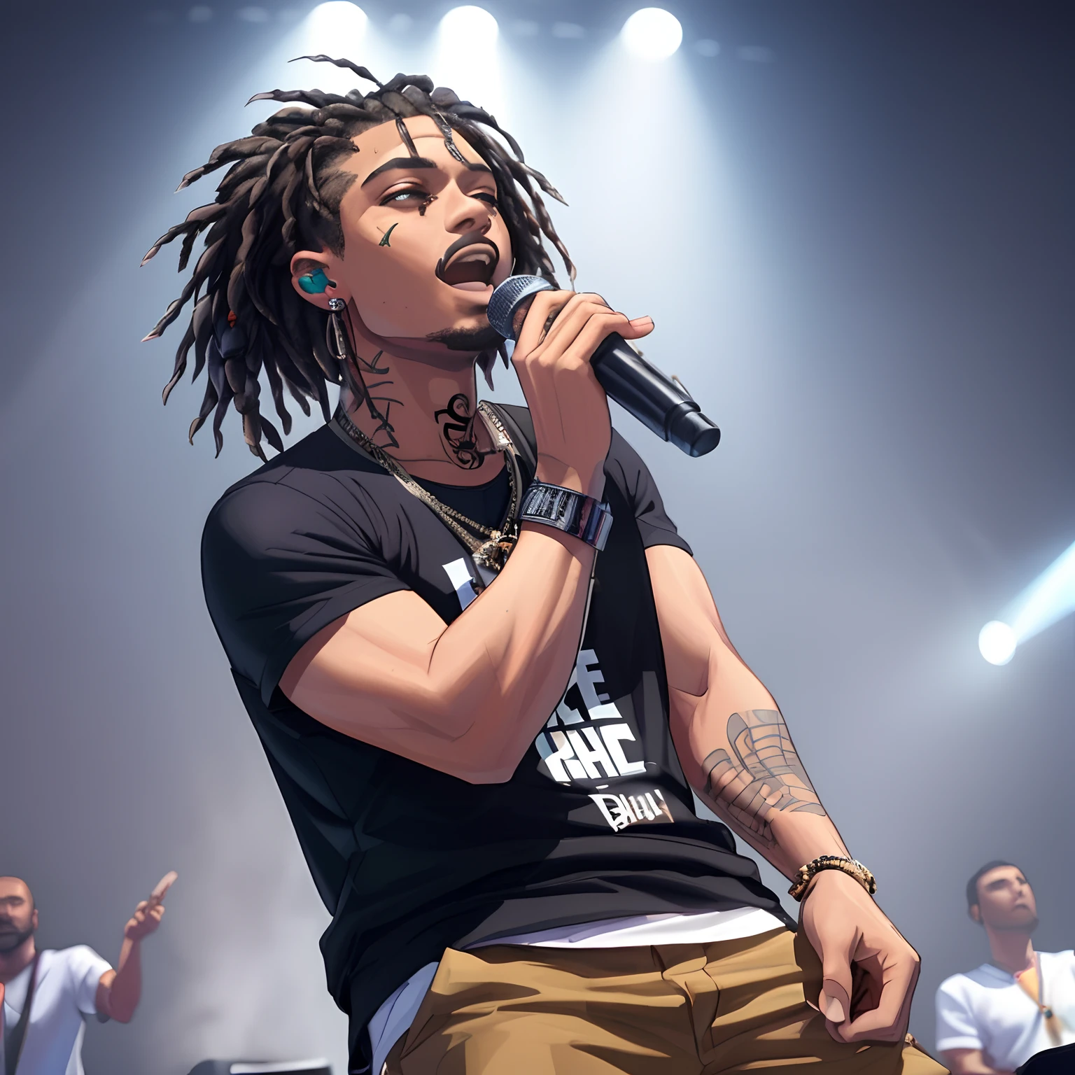 Araffe with dreadlocks on his head and a microphone in his hand, rap no palco do festival, taken in the early 2020s, foto do concerto, fotografia de concertos, Apresentando-se no palco, Fotografia de concerto ao vivo, Cantor Maluma, 2 rappers no palco do show, iluminado de baixo, xxxtentacion, em uma regata branca cantando