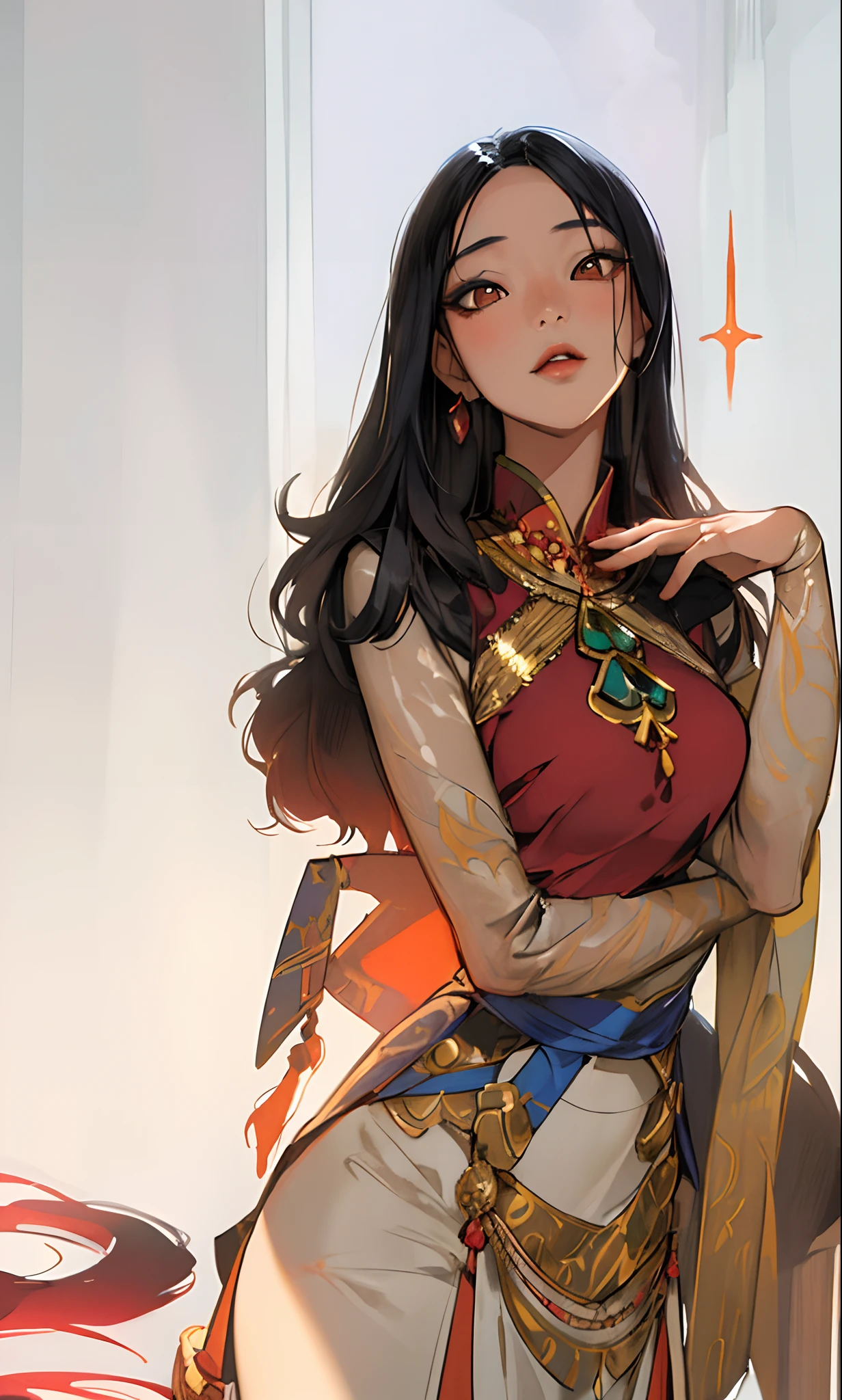 (masterpiece, best quality), 1lady, solo, burmese woman, burmese traditional attire, masterpiece, artstation, dynamic, charming, magical, unreal engine, fantastically beautiful, illustration, dramatic lighting, maximalist