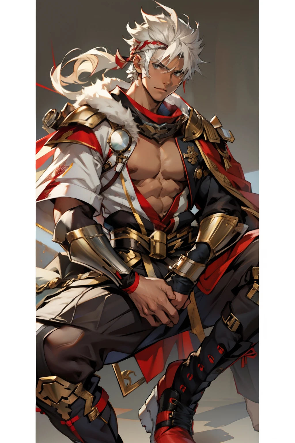 Highest image quality,male people,child,1 boy,Young and handsome,shoun,White color hair,Short flat top hair,Dark skin,anime big breast,anime wallpaper,Solo,malefocus,Briefs,Dilation of the pectoral muscles,Red cape,Bulging crotch,Urban background,spread their legs,Sexy,(Masterpiece, Best quality),Long white socks,Red Martin boots,
