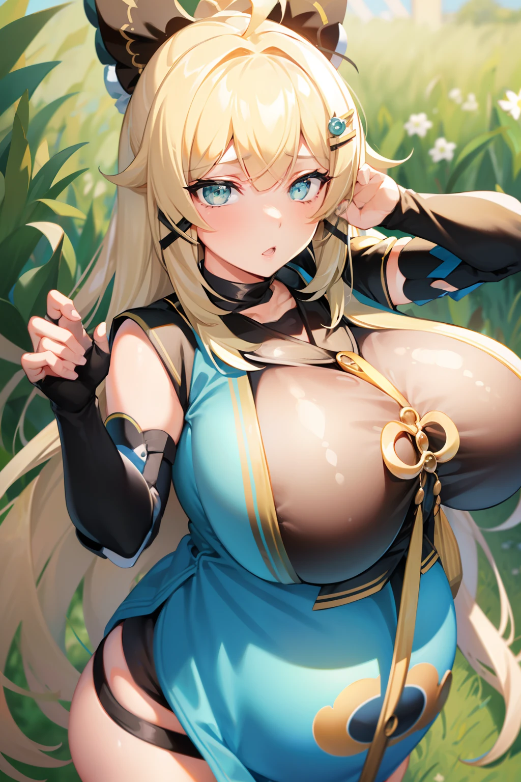 1 girl in, hermosa, ojos verdes, blonde hair 1 girl, ojos verdes, ahoge, adorno para el cabello, hombros descubiertos, blusa corta negra, ombligo, mangas separadas, guantes hasta el codo, guantes sin dedos, cola y falda, huge big breasts, pregnant, huge large pregnant, big breasts