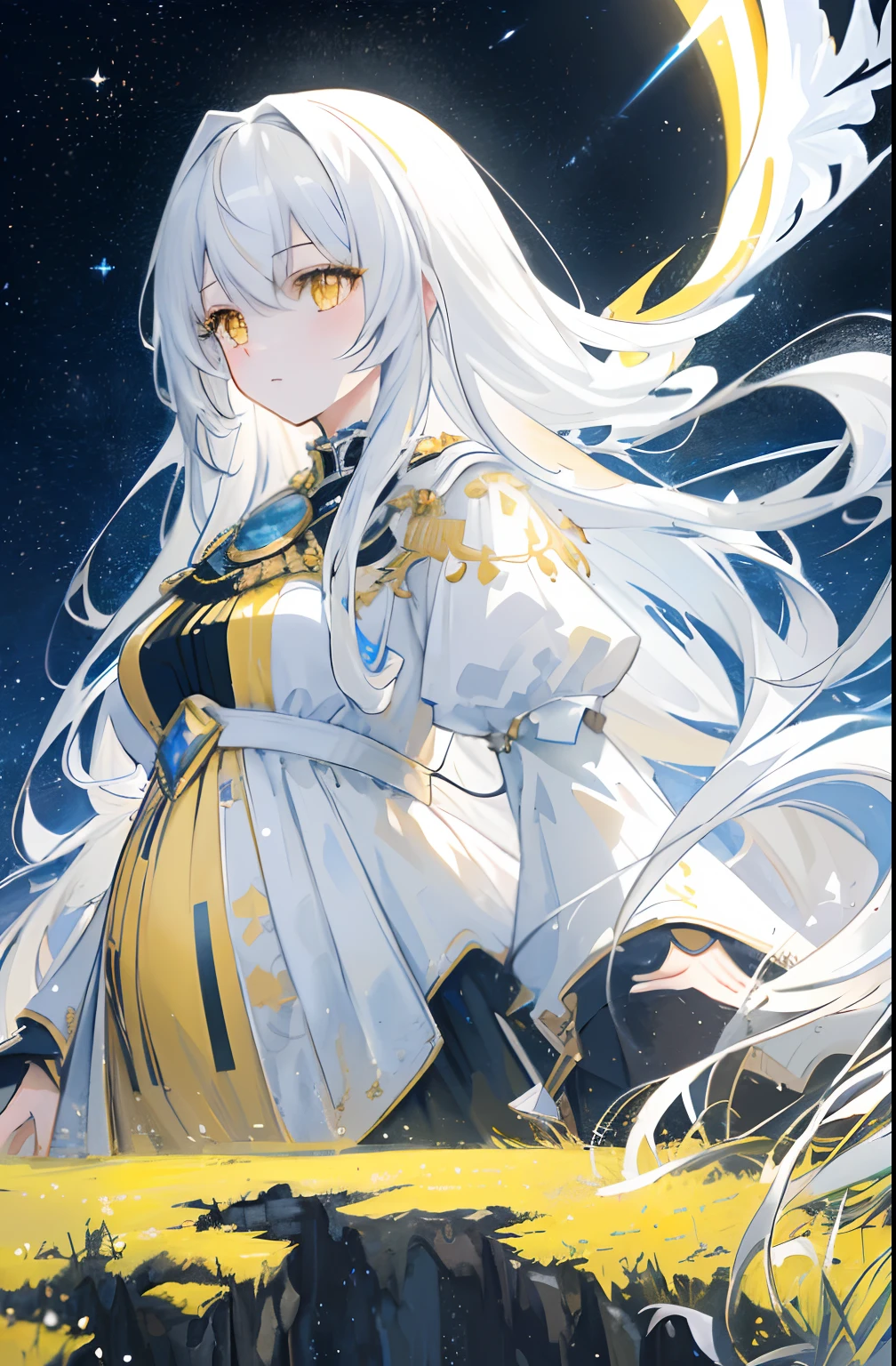 ((masterpiece)), ((best quality)), (amazing desinger), (best artist), (best illustrated landscape), (best performance), (4k Full HD), (HDR+), (1girl) with (long) white hair, (sparkling yellow eyes), in a landscape on the side with (amazing) starry sky drawn in artistic and cinematic tones-- MeinaPastel style--v5 (anime illustration), pregnant