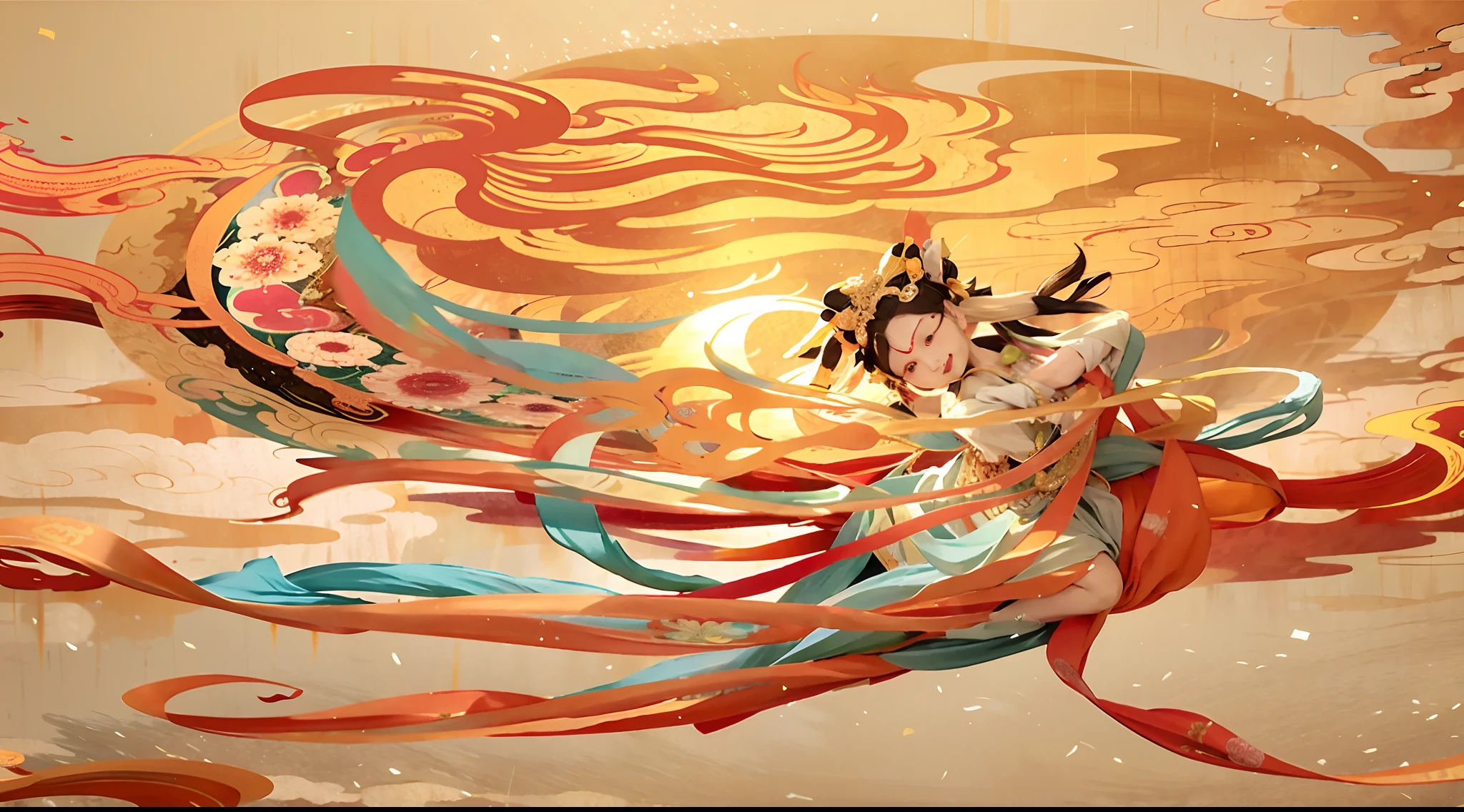 Dunhuang Flying Sky, ancient china art style, Traditional Chinese art, ancient chinese beauti, inspired by Yun-Fei Ji, Chinese style painting, Chinese painting style, Chinese mythology, an ancient Chinese goddess, Traditional Chinese painting, Inspired by Qiu Ying, Inspired by Seki Dosheng, Chinese art, Chinese fantasy,(Defocus,Out of focus,softlighting,电影灯光,Skylight,hyper HD)Mid-Autumn Festival moonlight, Rabbit Han-style lotus, Auspicious Yunhe hand-drawn,The background is an orange-yellow gradient,In the middle is the moon,Difuse light,Realiy,hyper-detailing,
