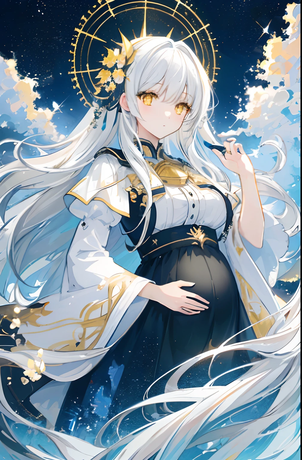 ((masterpiece)), ((best quality)), (amazing desinger), (best artist), (best illustrated landscape), (best performance), (4k Full HD), (HDR+), (1girl) with (long) white hair, (sparkling yellow eyes), in a landscape on the side with (amazing) starry sky drawn in artistic and cinematic tones-- MeinaPastel style--v5 (anime illustration), pregnant