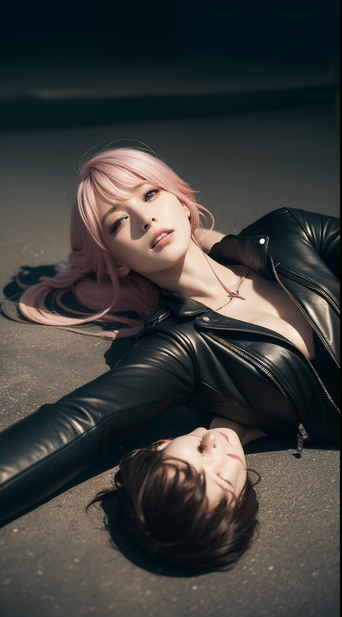 Best unified CG wallpaper,Pink-haired woman,watered eyes,The skin texture is perfectly depicted,Leather clothes,Spider-Man lying on the ground,Cinematic light,