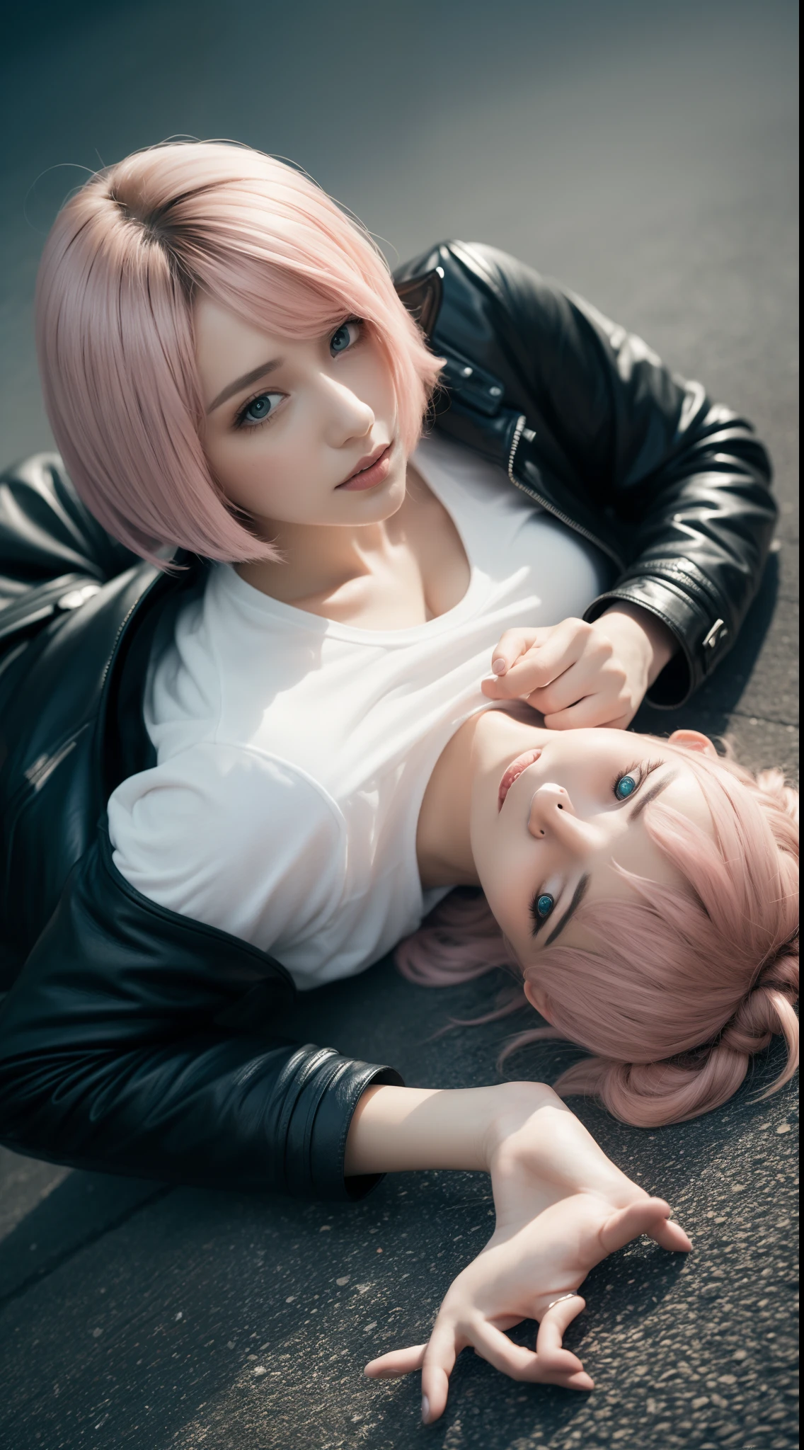 Best unified CG wallpaper,Pink-haired woman,watered eyes,The skin texture is perfectly depicted,Leather clothes,Spider-Man lying on the ground,Cinematic light,