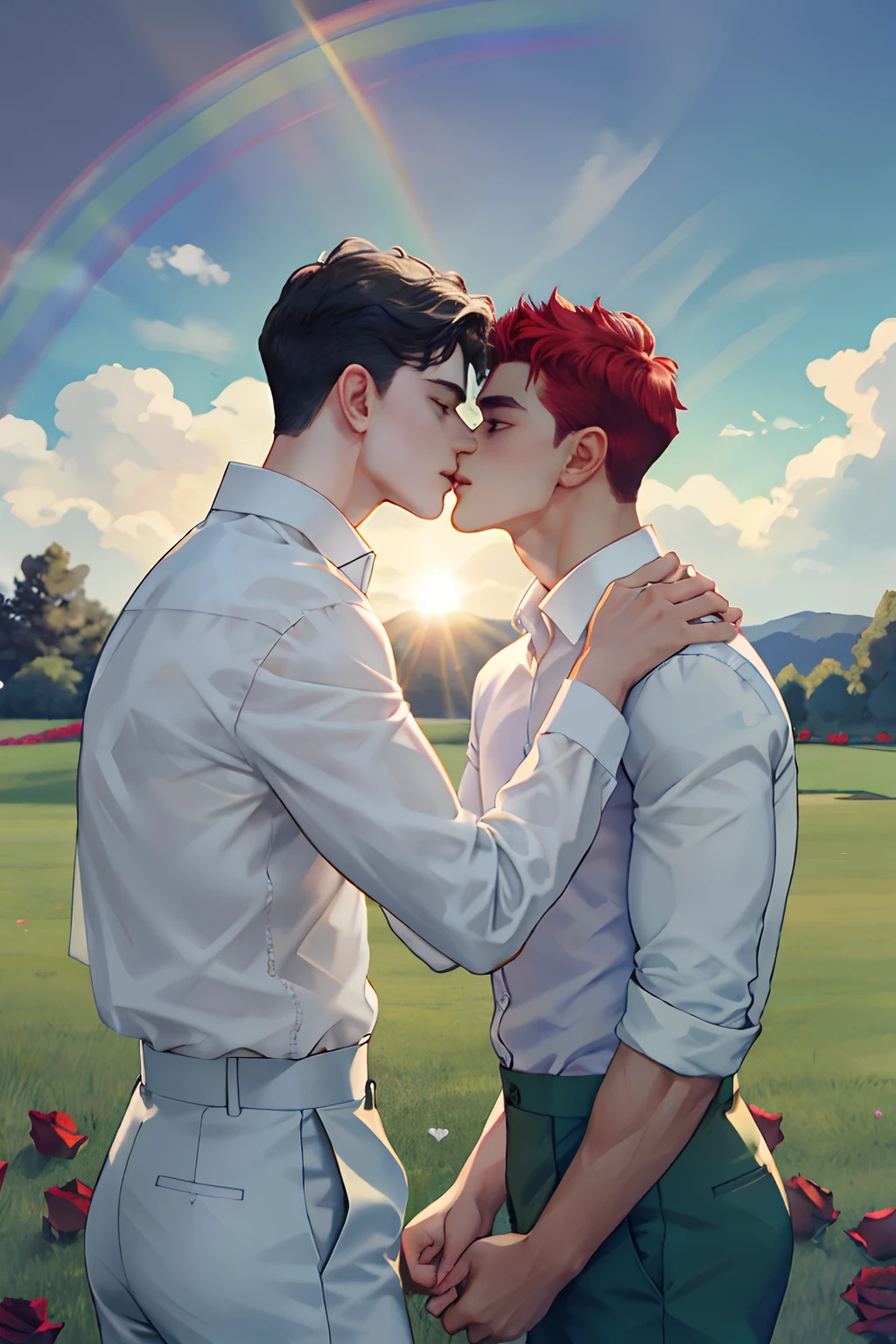 High image quality, two beautiful men, delicate eyes, lean muscles, tall, random hairstyle, A beautiful sunny morning, two camp boys in love passionately kiss on the brilliant green grass, two people wear white shirts, behind is a rainbow, surrounded by red roses.