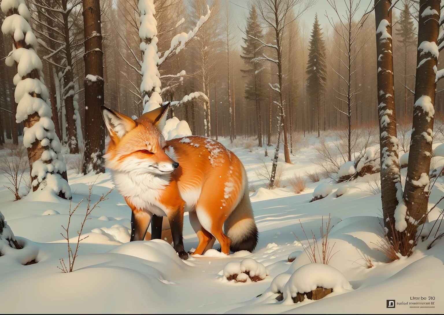 A Red Fox listening, only two fox legs visible snow birch trees winter forest clear air slight hint of snowflakes in the air Listen- Red Fox in the style of Alvin Hepler