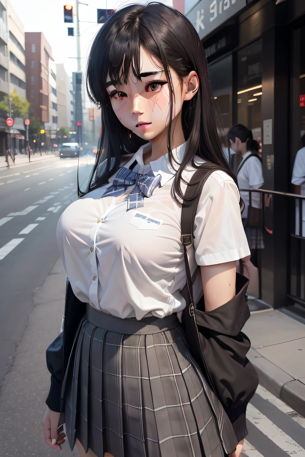 ((top-quality、in 8K、masterpiece:1.3))、foco nítido:1.2、Beautiful girl in perfect style:1.4、A slender、((A dark-haired、tits out:1.2))、gravure model、(natural soft light、street snap、TOKYOcty、Harajuku:1.1)、Highly detailed facial and skin texture、A detailed eye、二重まぶた、Sweaty、A sexy、((Uniform 1.5))、jk suit plaid skirt pleated skirt shirt bowtie