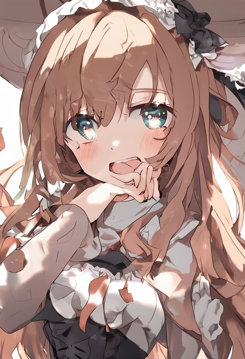 light brown hair, mole under mouth, maid headdress, shiny hair, hime cut, heart-shaped pupils, wince, tears, aqua eyes, crying with eyes open, kemonomimi mode, open mouth, shy, blush, sleepy, sad, tongue out, pain, crying, unconscious, moaning, heavy breathing, endured face, saliva trail, Surrealism, high detail, anime, anime style, chiaroscuro, cinematic lighting, ray tracing, stereogram, UHD, masterpiece, retina, ccurate, anatomically correct, textured skin, super detail, high details, high quality, award winning, best quality, highres, 16k