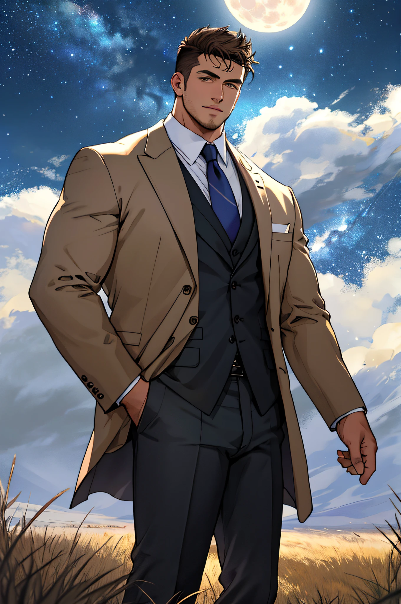 Draw a full-fledged footballer，Standing on the steppe at night，Quiet and comfortable background，He wears the same suit as the country's president，The suit fits perfectly，Handsome face，eyes with brightness，The man looks confident and determined，looking-down，Crew cut，full bodyesbian，Stars dot the sky，shooting from below，Big moon highlights background