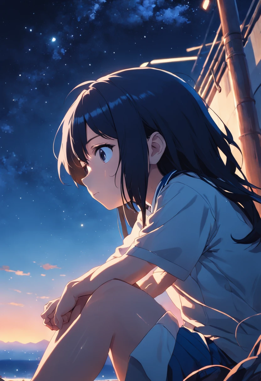 A black hair, ahoge, sleepy, sulking, anime, anime style, chiaroscuro, depth of field, motion blur, UHD, high details, high quality, Highres Side Face Close-up of high school students sitting on a cliff with a clear blue starry sky in the background