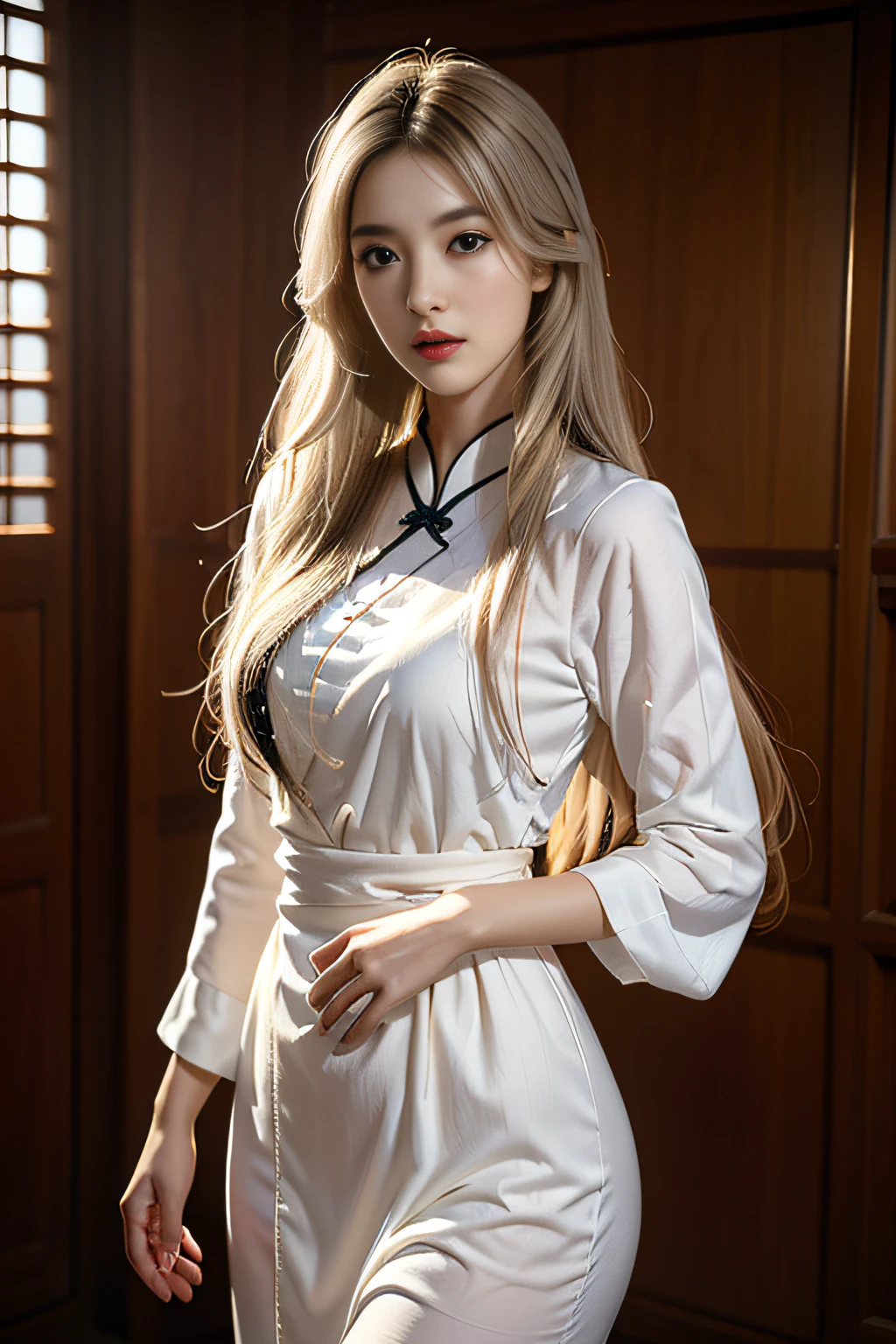 Best quality, Masterpiece, 超高分辨率, (Photorealistic:1.4), RAW photo, (Perfect body shape), 1girll, Detailed face, White wavy hair, Waist up, Solo, aodai