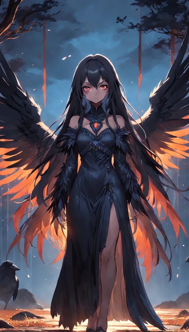 Beautiful girl, 20 years old, black hair and AZUl, Black Bat wings, detailed costume in black and orange