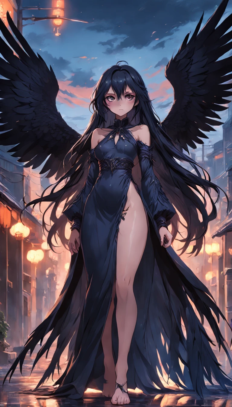 masterpiece, best quality, movie still, 1girl, monstergirl, crow woman, full body, portrait, detailed (eyes), long (hair), perfect body, proportional body, crow|raven wings, deep look, wearing (long dress and pants), close-up,  cold soft lighting, sunset, (aura:0.7)
