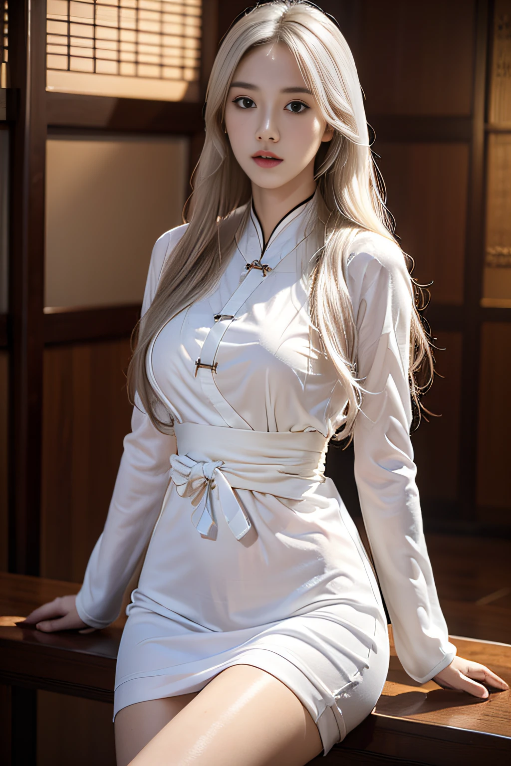 Best quality, Masterpiece, 超高分辨率, (Photorealistic:1.4), RAW photo, (Perfect body shape), 1girll, Detailed face, White wavy hair, Waist up, Solo, aodai