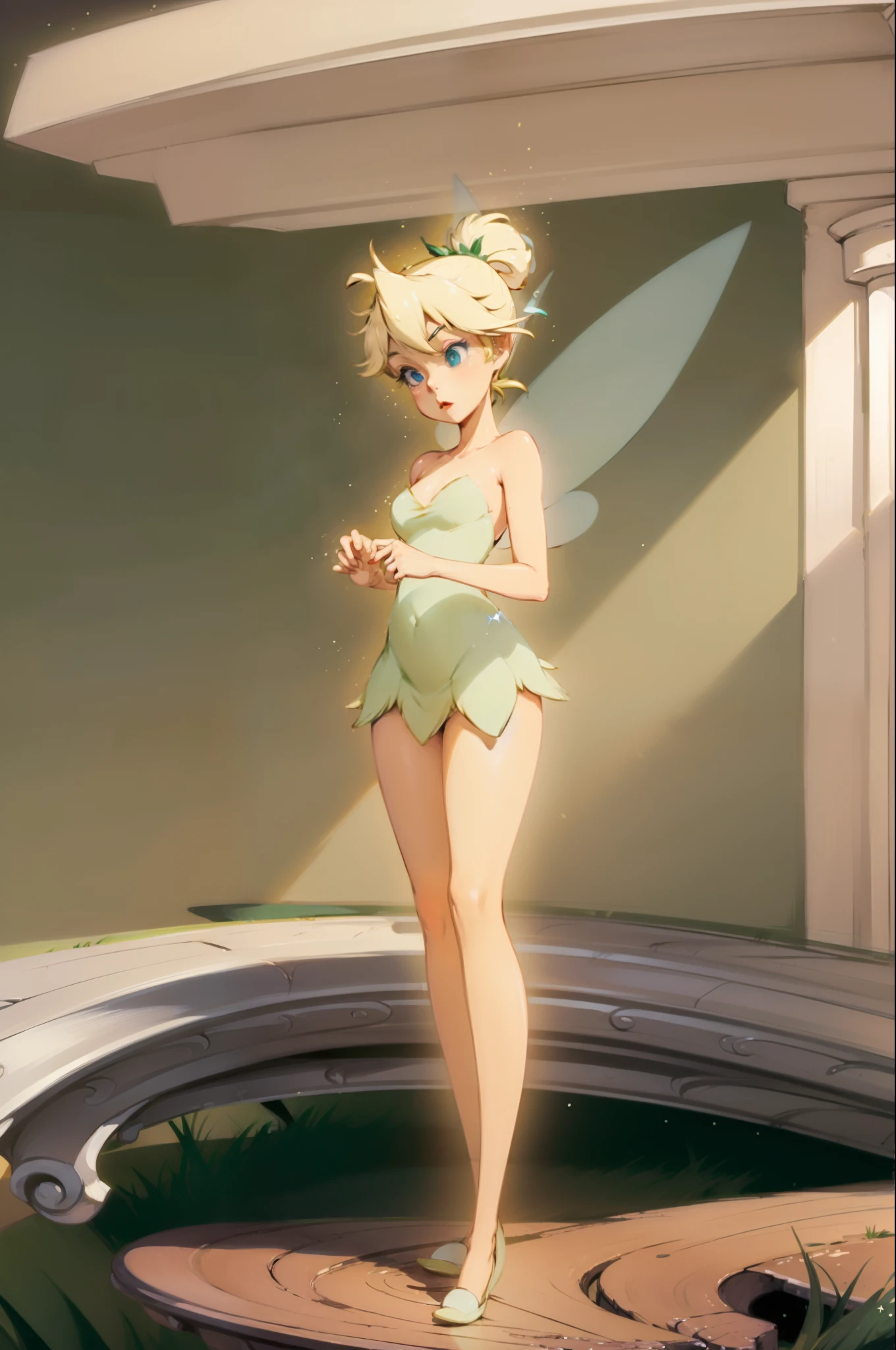 (masterpiece, best quality, high resolution:1.4), tinker bell, blue eyes, green_ miniature fairy_dress, fairy wings,