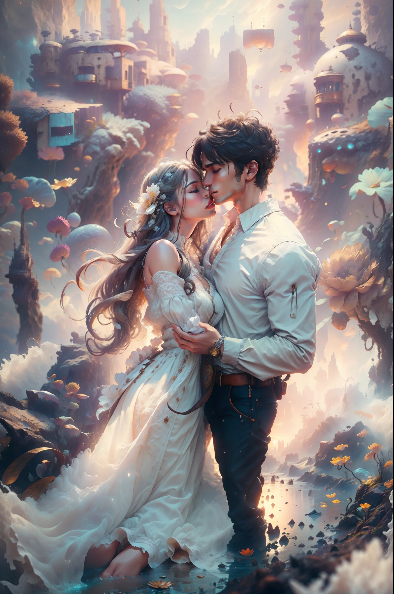 Handsome guy in a white shirt,A man and a woman hug and kiss,Twin,Sit and meditate in a lotus pose,Look at the audience with your eyes closed,raised head,Floating on the ground,cheerfulness,A slight smil,realisticlying,Bokeh,light particules,very highly detailed background,detailed face with,Detailed and complex busy background,Untidy,opulent,milkyW,Highly detailed hands,Realistic details of skin,Visible Pore,tack sharp focus,volume fog,8K UHD,digital SLR camera,high qulity,filmgrain,White skin of the,photo-realism,lomo graphy,Huge metropolis in a dystopia of the future , look from down