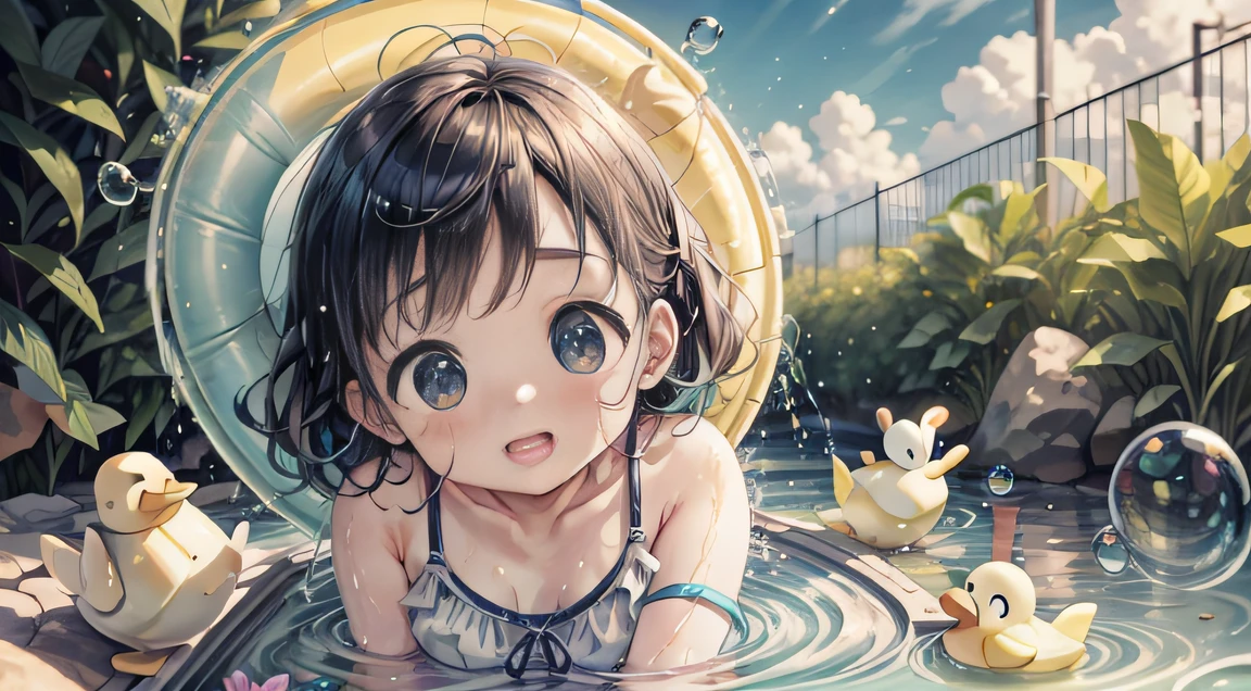 playing with water by the pond,HDR,UHD,8K,Highly detailed,best quality,masterpiece,1girl,Highly detailed,(best quality:1.1),HDR,UHD,8K,realistic,full body,Professional,Vivid Colors,1girl,thick eyebrows,aqua eyes,hair_tie,hair_rings,looking_at_viewer,head_tilt,glowing neon lights,oil_painting,black_loafers,long eyelashes,splash of water,((colorful bubble)),(floating),detailed light,in summer,dripping,blue sky,waterpark,rubber_duck,stuffed_bunny,beach_chair,absurdres,giggling,afloat,soaking_feet,wading,splashing,wet_swimsuit,multi-strapped_bikini,