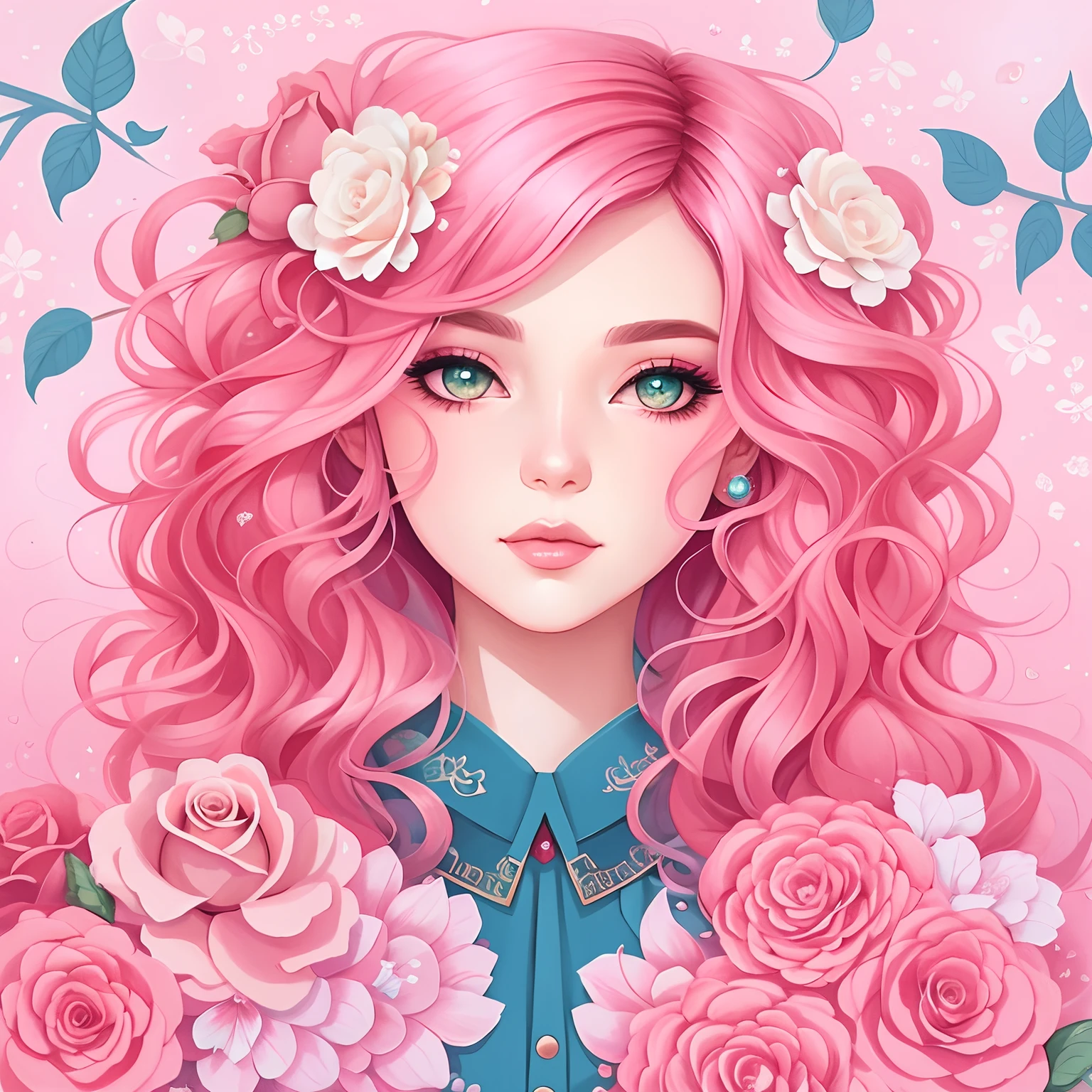 um close up de uma mulher com cabelo rosa e flores, Cabelo rosa, menina cor-de-rosa, cabelo rosa encaracolado, trending on artstration, rosas no cabelo, estilo de arte loish, arte digital detalhada bonito, No estilo de arte de Bowater, Inspirado em Loish, inspirado em Jeremiah Ketner, Beautiful digital illustration, a beautiful artwork illustration, Inspirado em Amy Sol