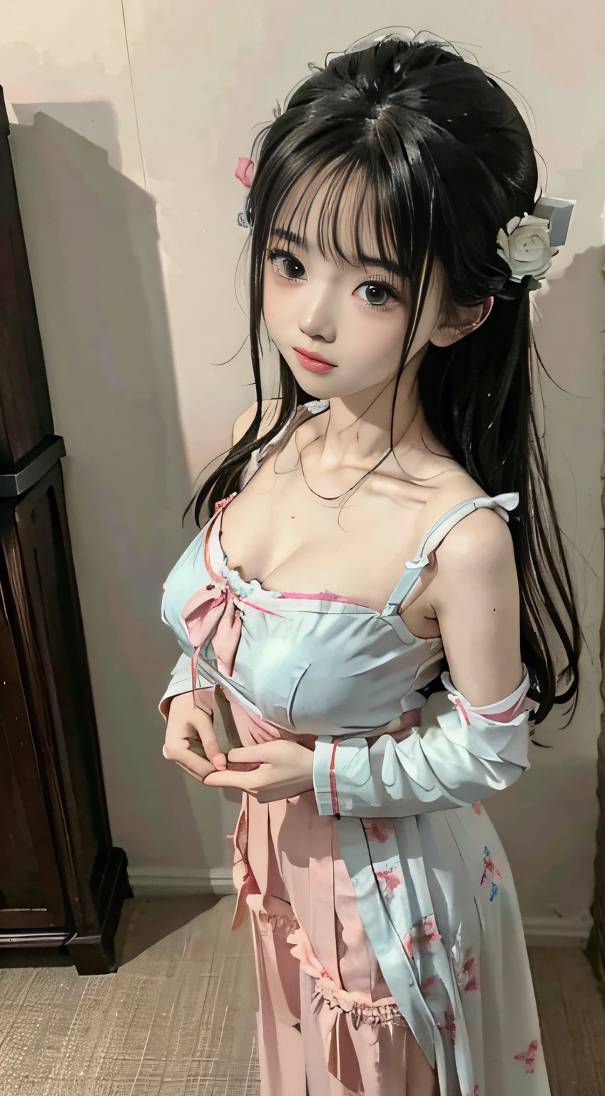 Master quality, highest quality, best picture quality, exaggerated details, a cute 8 asian little gth a shy expression,a close up of a woman in a maid outfit posing for a picture, anime girl in real life, anime girl cosplay, gorgeous maid, anime girl in a maid costume, seductive anime girl, cute anime waifu in a nice dress, attractive anime girl, loli in dress, pretty anime girl, small curvy loli, beautiful anime girl, anime cosplay, perfect android girl slightly squinted eyes, adjusting her hair, long eyelashes (long hair / very, very exaggerated big breasts and tits hanfu open v chest clothes), posing in front of the camera, wet breast under wear, wet breast detail , hanfu open v chest clothes, full body xianxia, accessory diamond detail, erotic, flower detail, silk lace