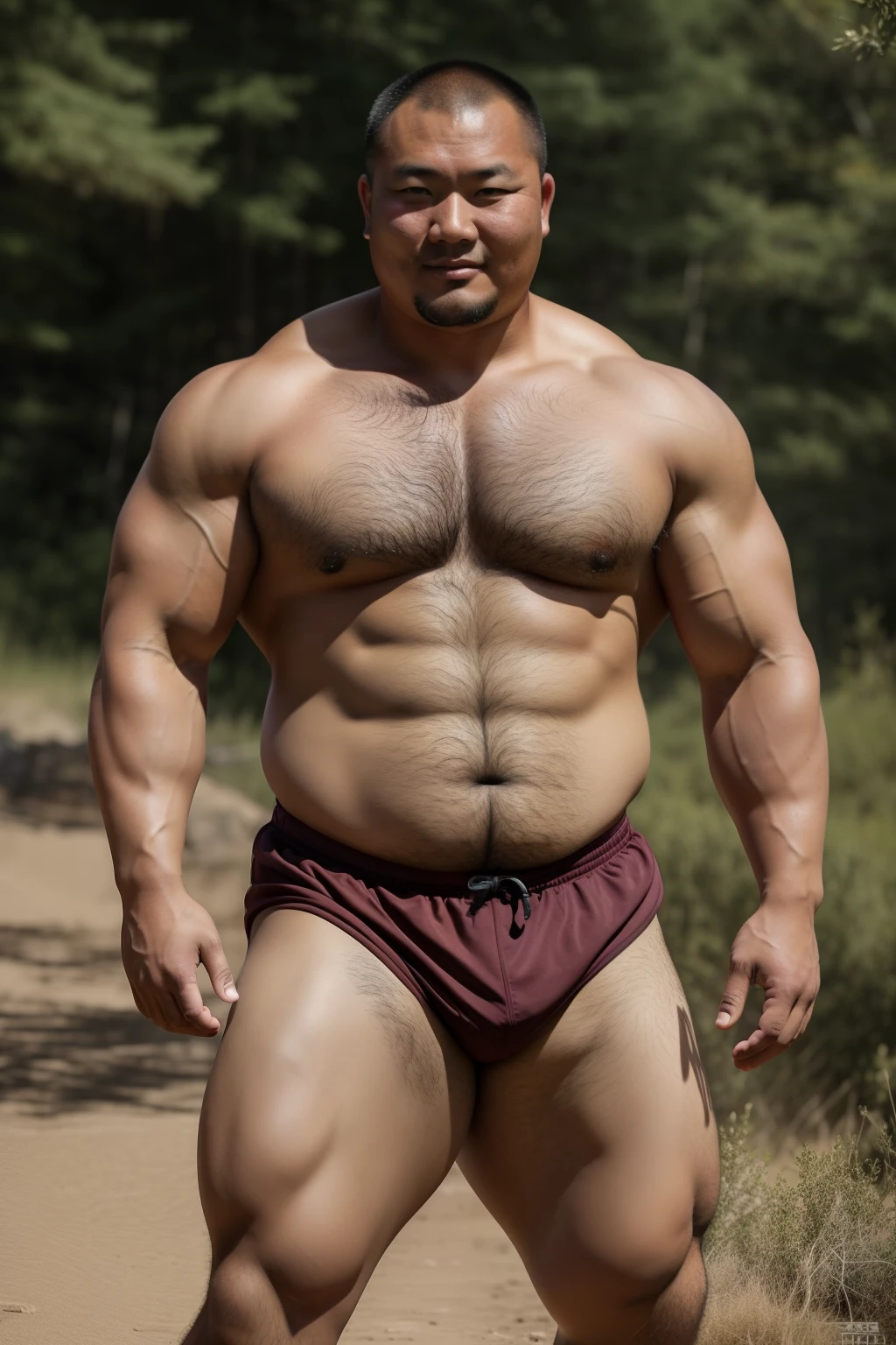 A Mongolian man poses for a group photo wearing sports shorts, mongol,bald-headed,Thick body hair,mid-shot of a hunky, The direction of the light is frontal,Strong masculine characteristics, sexy muscular body, partially male hairy torso,masculine and strong,sexy muscular upper body,Fat belly,light tan skin, robust stocky body, beefy, belly button showing, half man half asian black bear, potbelly, dad bod, half man half asian black bull,