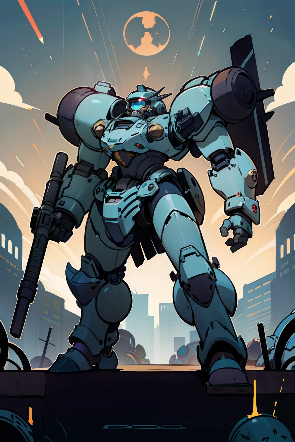 Design a heavy military servo armor with a design similar to Reinhardt of Ovewach, take inspiration from the Aztec jaguar knight, the armor is bigger than the user, imposing, color inspired by the Mexican jaguar, energy shield, heavy weaponry, mechanical elements from the power armor, hydraulics from the power armor, jet turbines on the back, full body, ruined city, anime style, extremely detailed, extremely robotic, medium head, large body