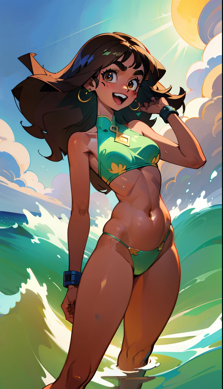 a brazilian woman, perfect anatomy, dark skin, light brown eyes, perfect, eyebrows, nose, normal ears, open mouth smiling, teeth, lips, big straight hair, hair details, bangs, locks, neck, shoulders, big chest , perfect belly, thin waist, thick legs, thick thighs, white bikini, standing, background scenery, no bad, water everywhere, water on the ground, ultra detailed water, waves, flying water, clear green water, beautiful day , clouds, sun, lighting, viewer view