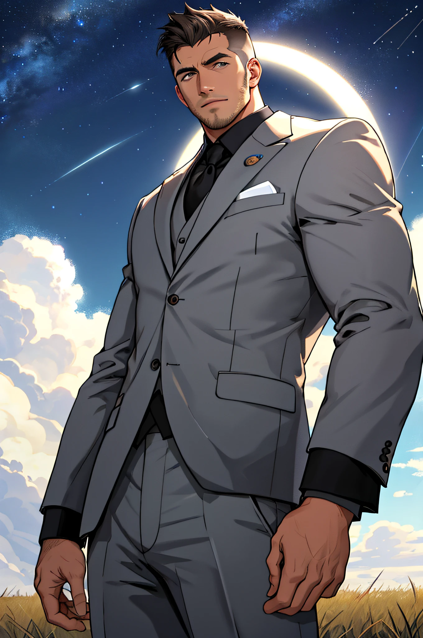 Draw a full-fledged footballer,Standing on the steppe at night,Quiet and comfortable background,He wears the same suit as the country's president,The suit fits perfectly,Handsome face,eyes with brightness,The man looks confident and determined,looking-down,Crew cut,full bodyesbian,Stars dot the sky,shooting from below,Big moon highlights background