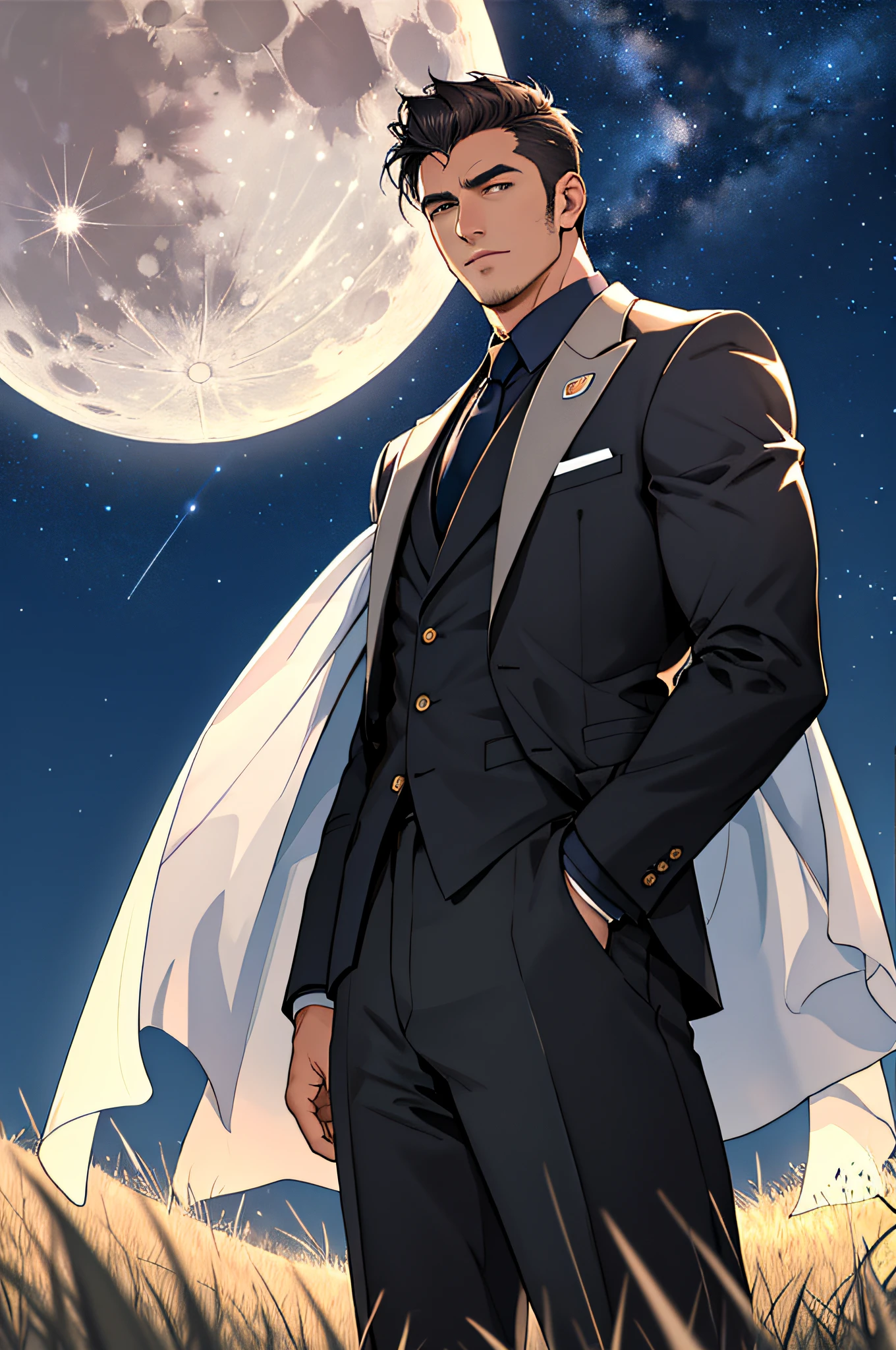 Draw a full-fledged footballer，Standing on the steppe at night，Quiet and comfortable background，He wears the same suit as the country's president，The suit fits perfectly，Handsome face，eyes with brightness，The man looks confident and determined，looking-down，Crew cut，full bodyesbian，Stars dot the sky，shooting from below，Big moon highlights background