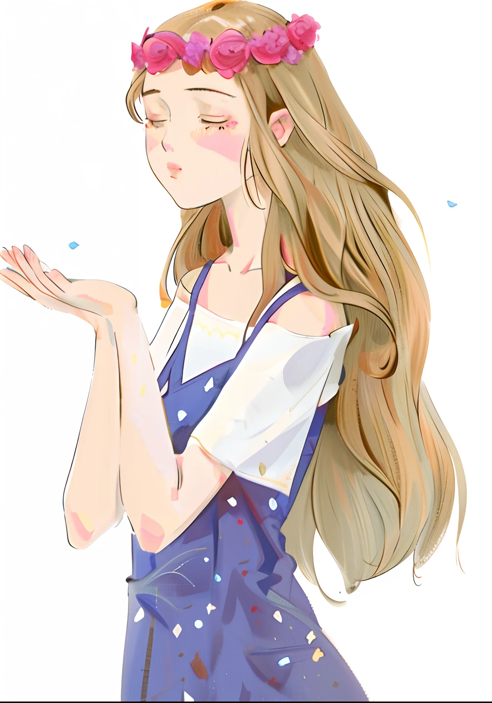 Has a long hair,Girl with a flower crown on her head, long hair girl, Anime girl with long hair, Long hair brown hair anime girl, Girl with long hair, Long brown hair, Close your eyes,Soft anime illustration, With long hair, anime girl profile, in the art style of bowater, serene illustration, cute illustration, brown hair princess