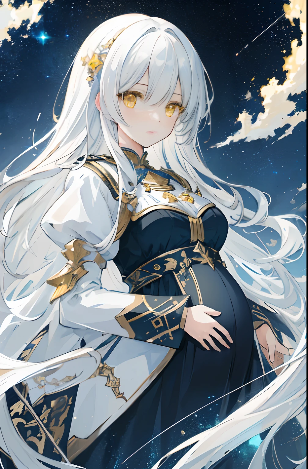 ((masterpiece)), ((best quality)), (amazing desinger), (best artist), (best illustrated landscape), (best performance), (4k Full HD), (HDR+), (1girl) with (long) white hair, (sparkling yellow eyes), in a landscape on the side with (amazing) starry sky drawn in artistic and cinematic tones-- MeinaPastel style--v5 (anime illustration), pregnant