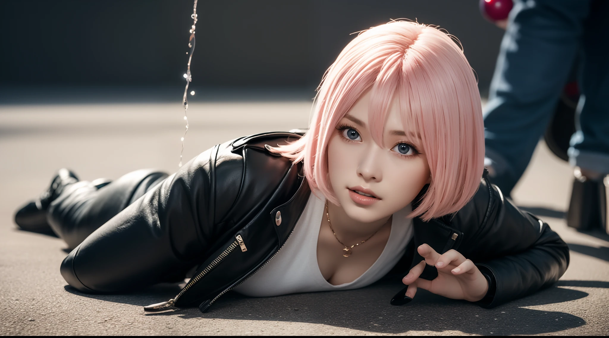 Best unified CG wallpaper，Pink-haired woman，watered eyes，The skin texture is perfectly depicted，Leather clothes，Spider-Man action lying on the ground，The shiny crystal ball on the ground reflects the light，Cinematic light，