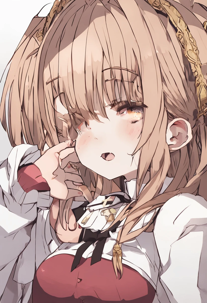 light brown hair, mole under mouth, maid headdress, shiny hair, hime cut, heart-shaped pupils, wince, tears, aqua eyes, crying with eyes open, kemonomimi mode, open mouth, shy, blush, sleepy, sad, tongue out, pain, crying, unconscious, moaning, heavy breathing, endured face, saliva trail, Surrealism, high detail, anime, anime style, chiaroscuro, cinematic lighting, ray tracing, stereogram, UHD, masterpiece, retina, ccurate, anatomically correct, textured skin, super detail, high details, high quality, award winning, best quality, highres, 16k
