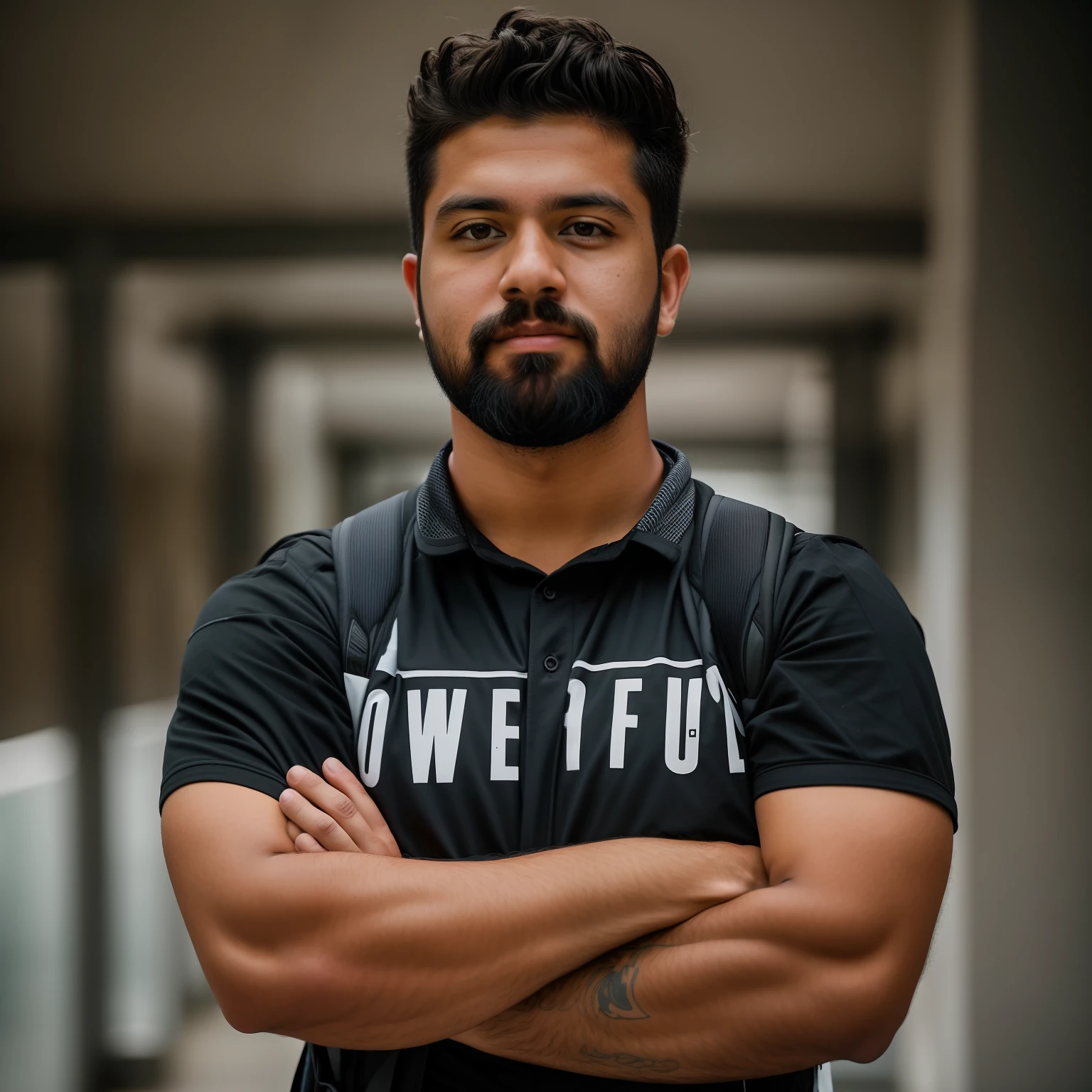 there is a man with a beard and a backpack standing with his arms crossed, taken with sony alpha 9, portait photo profile picture, full body picture, full body photogenic shot, in a menacing pose, captured on canon eos r 6, full body photgraph, shot on canon eos r5, shot on canon eos r 5