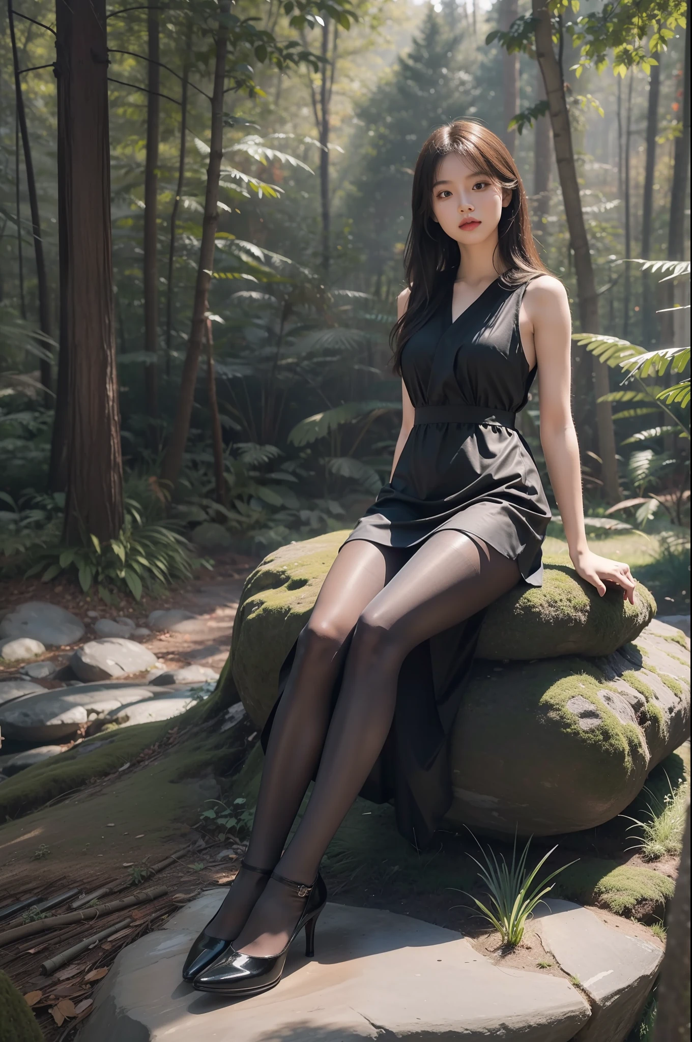 Full body, lying down, ((showing feet)), Slim girl, child, Russian, slim body, black hair, cute smile, square face, face angles, thong bikini, smooth ass, lying in the forest, elf jewelry, skinny, perfect feet, photorealistic