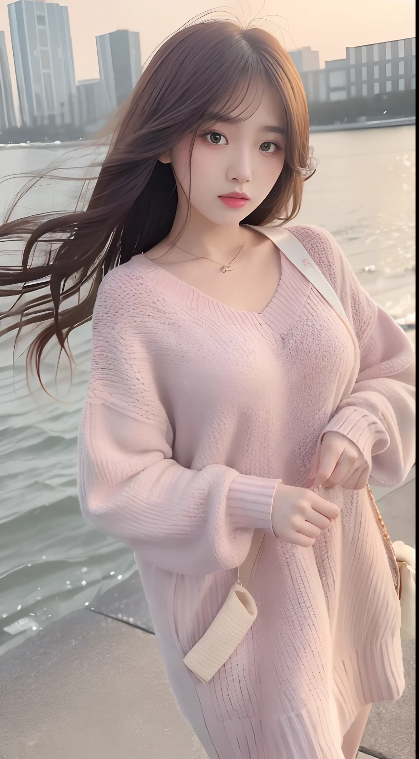 1girl walking on the river, mix4, sweater, pillow, lips, open_mouth, realistic, photo_\(medium\), solo, stuffed_animal, stuffed_toy, teddy_bear, (masterpiece), (realism: 1.3), super detailed, (High detail skin: 1.2), (Best quality: 1.0), (Ultra resolution: 1.0), (ULZZANG-6500: 0.3), wavy detail hair, long hair, sunshine, (beautiful detail makeup), (sexually aroused blush, heavy breath: 1.0), floral theme petals scattered, (soft light bloom: 0.5)