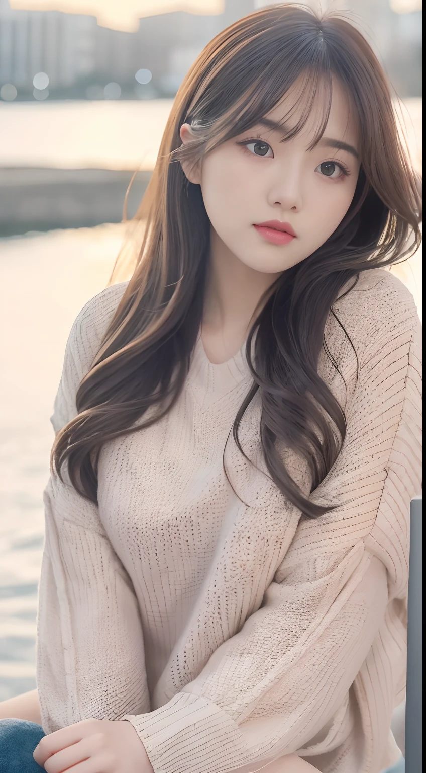 1girl walking on the river, mix4, sweater, pillow, lips, open_mouth, realistic, photo_\(medium\), solo, stuffed_animal, stuffed_toy, teddy_bear, (masterpiece), (realism: 1.3), super detailed, (High detail skin: 1.2), (Best quality: 1.0), (Ultra resolution: 1.0), (ULZZANG-6500: 0.3), wavy detail hair, long hair, sunshine, (beautiful detail makeup), (sexually aroused blush, heavy breath: 1.0), floral theme petals scattered, (soft light bloom: 0.5)