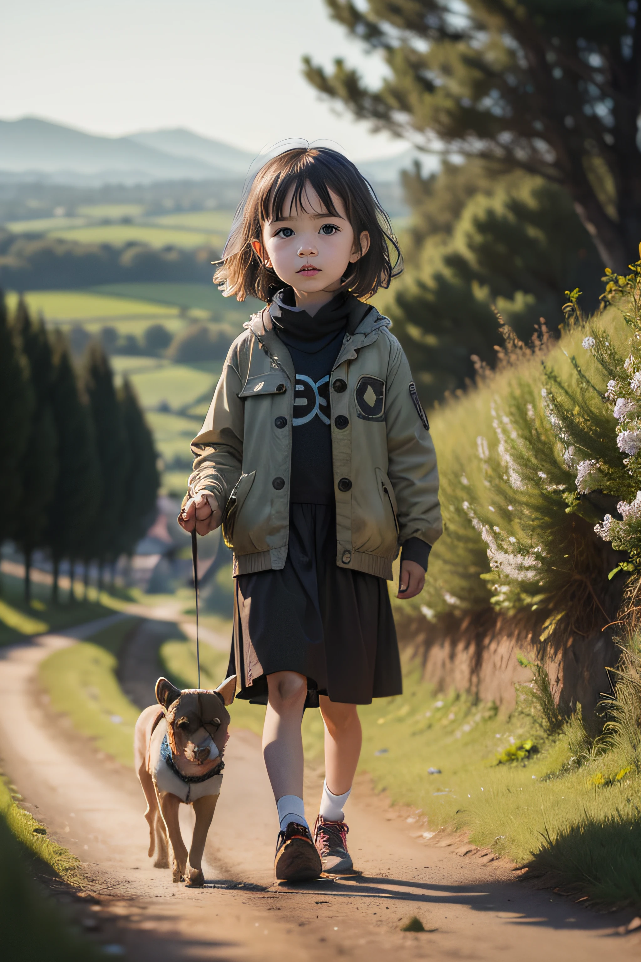 there is a girl walking a dog down a dirt road, highly fashionable, lifestyle, female explorer mini cute girl, littleomain brook, loli, miko, subtle detailing, she is wearing streetwear, lookbook, precious, kids, casually dressed, by Jesper Knudsen, best selling, highly stylized, eva elfie, having a good time